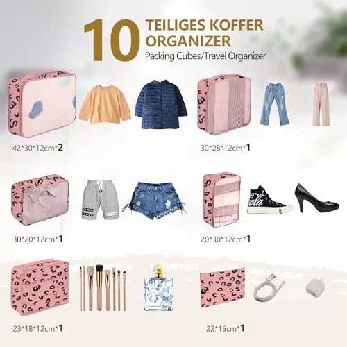 10-Piece Suitcase Organisers, Packing Cubes for Travel and Holiday, Travel Organiser Includes Cosmetic Bag, Shoe Bag, Suitcase Organiser Set for Home Storage (10 Leopard Pattern)