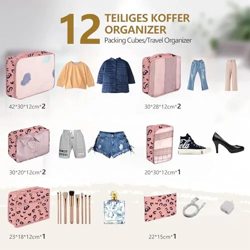 12-Piece Suitcase Organisers, Packing Cubes for Travel and Holiday, Travel Organiser Includes Cosmetic Bag, Shoe Bag, Suitcase Organiser Set for Home Storage
