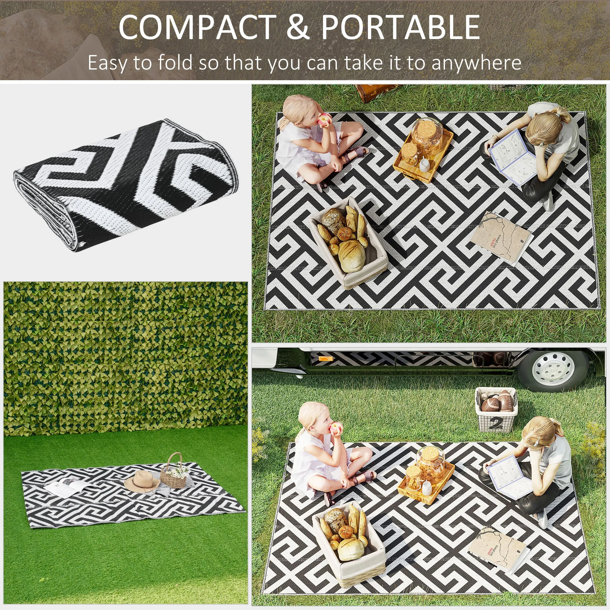 121 x 182 cm(4x6ft) Outdoor Patio Rug Reversible Mat Plastic Straw Rug Portable RV Camping Mat for Garden Deck Picnic Indoor, Black & White