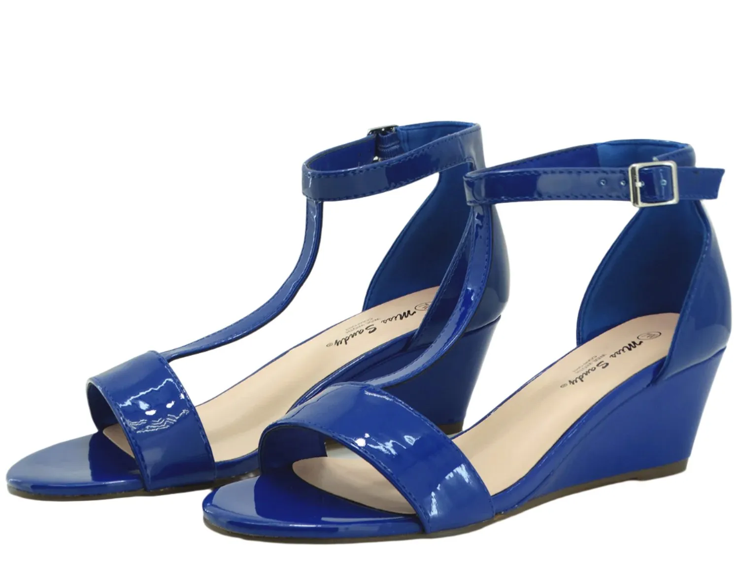 14945332, Miss Sandy - Women's Low Wedge Ankle Strap Sandals - Blue Pat