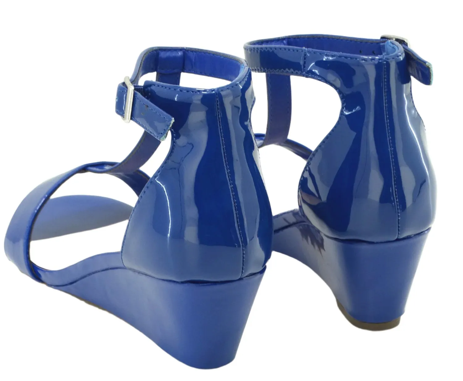 14945332, Miss Sandy - Women's Low Wedge Ankle Strap Sandals - Blue Pat