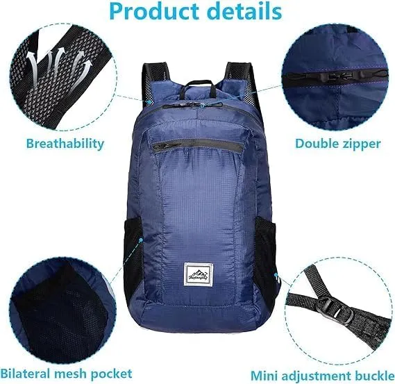 20L Ultra Lightweight Foldable Backpack Small Hiking Rucksack Ultralight Water Resistant Travel Packable Daypack for Men Women for Outdoor Sport Travelling Walking Hiking Camping Biking (Navy blue B)