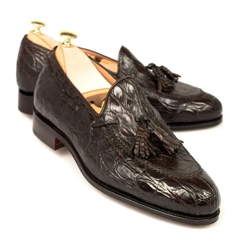 6 CM/2.36 Inches CMR CHAMARIPA Men's Handcrafted Brown Crocodile Leather Tassel Loafers