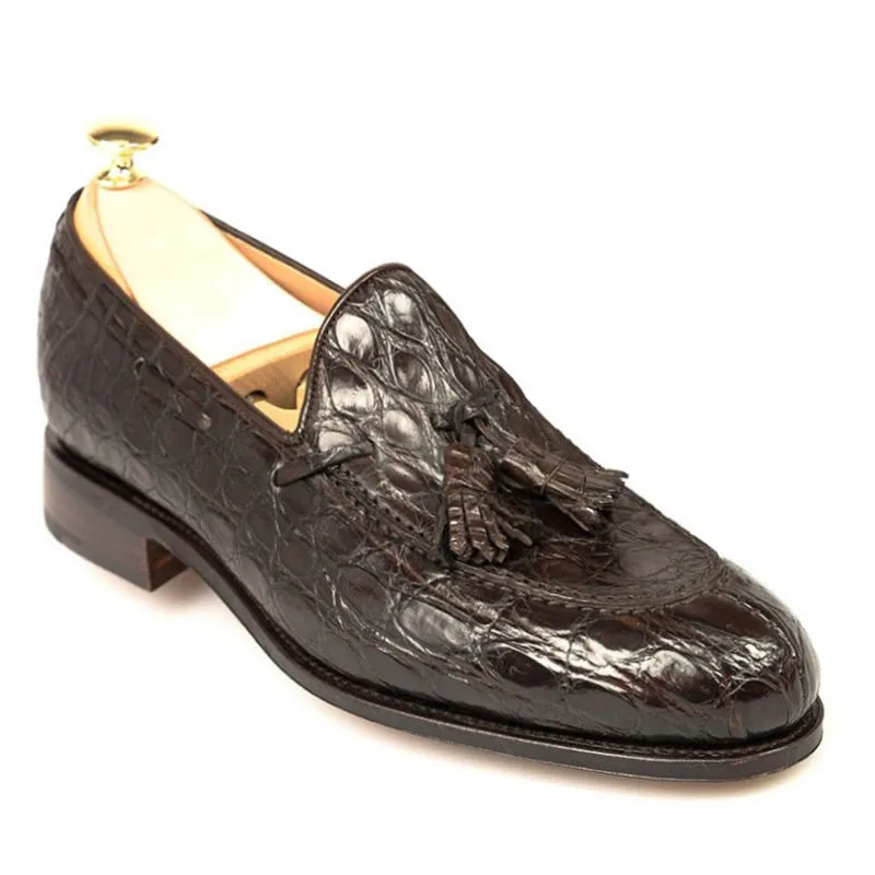 6 CM/2.36 Inches CMR CHAMARIPA Men's Handcrafted Brown Crocodile Leather Tassel Loafers