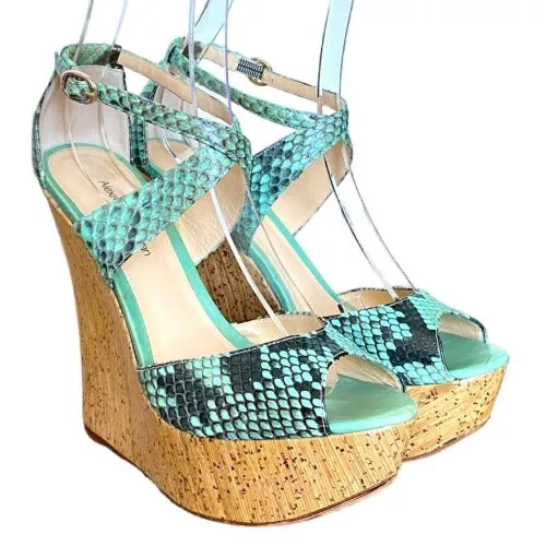ALEXANDRE BIRMAN Green Python Leather Strappy Cork Wedge Sandals, Size 37