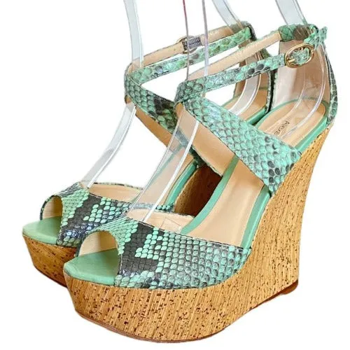 ALEXANDRE BIRMAN Green Python Leather Strappy Cork Wedge Sandals, Size 37