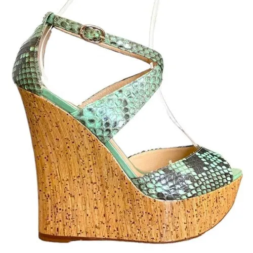 ALEXANDRE BIRMAN Green Python Leather Strappy Cork Wedge Sandals, Size 37