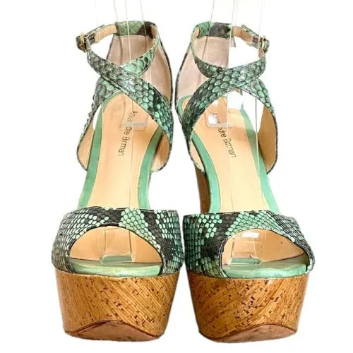 ALEXANDRE BIRMAN Green Python Leather Strappy Cork Wedge Sandals, Size 37