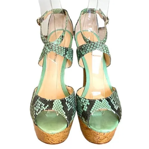 ALEXANDRE BIRMAN Green Python Leather Strappy Cork Wedge Sandals, Size 37