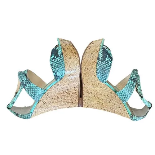 ALEXANDRE BIRMAN Green Python Leather Strappy Cork Wedge Sandals, Size 37