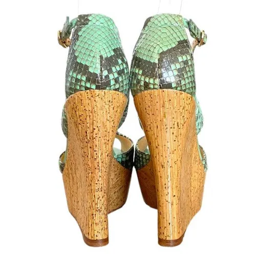 ALEXANDRE BIRMAN Green Python Leather Strappy Cork Wedge Sandals, Size 37