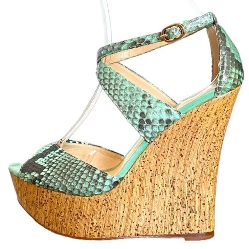 ALEXANDRE BIRMAN Green Python Leather Strappy Cork Wedge Sandals, Size 37