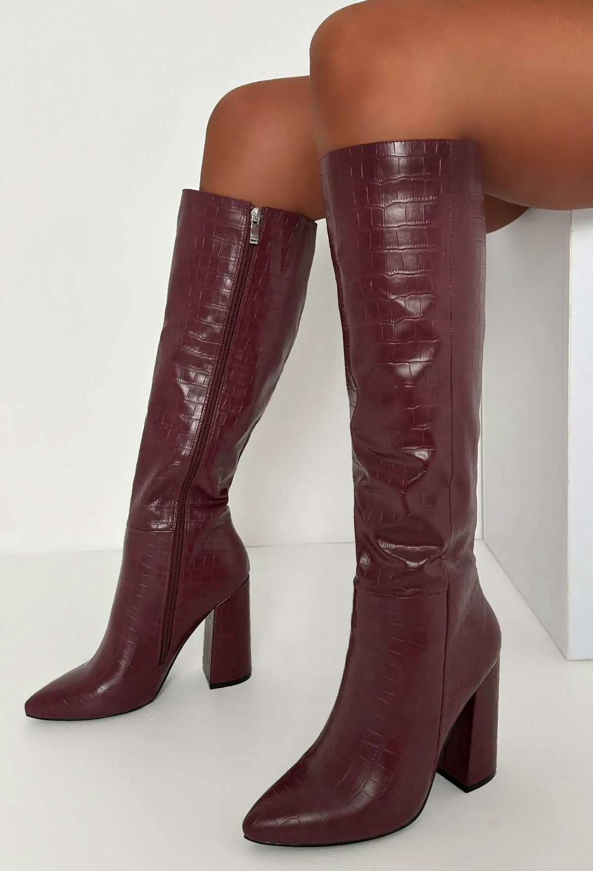 All You Want Wine Croc Effect Knee High Heel Boots
