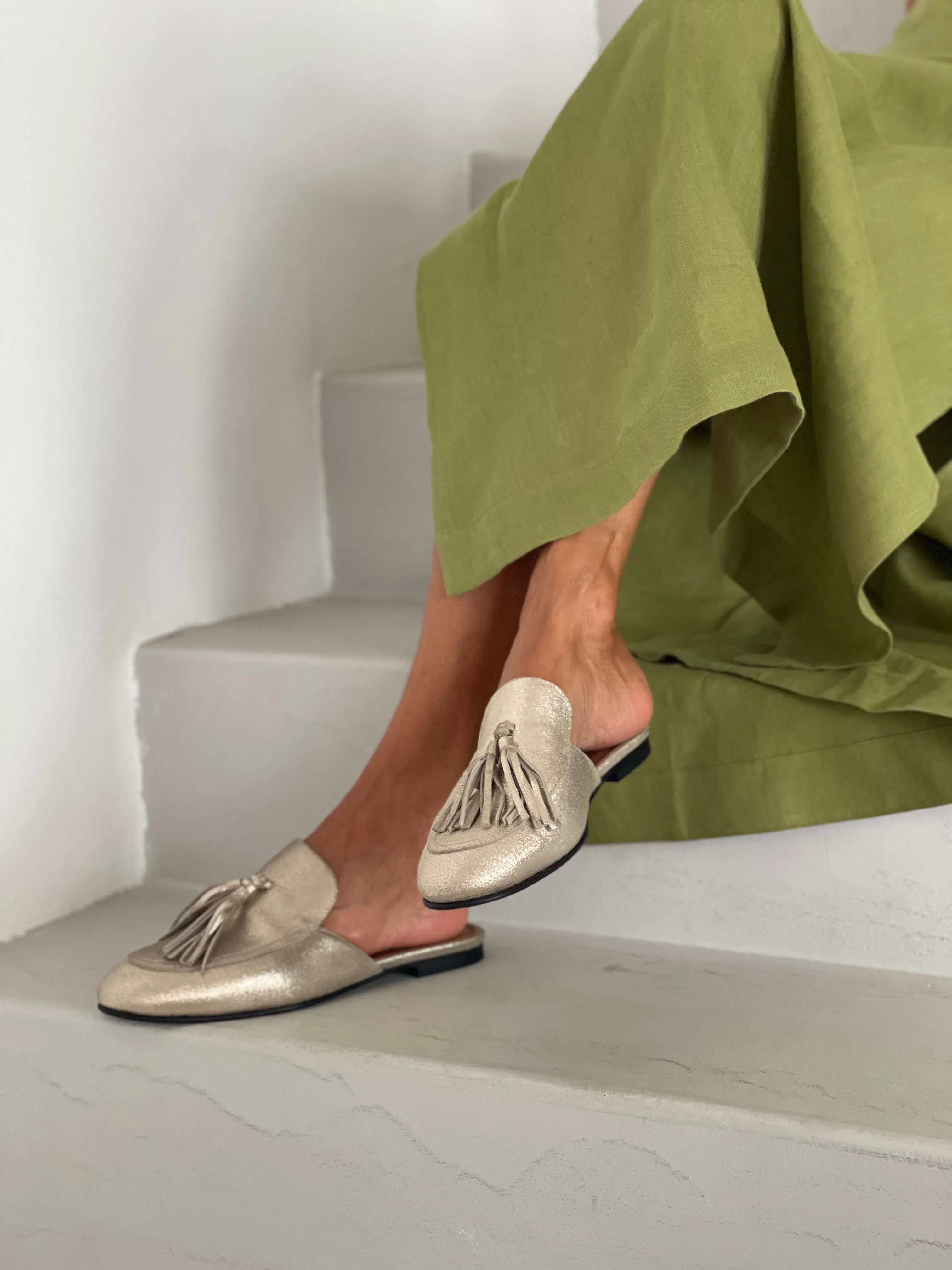 Backless Tassel Gold Loafers