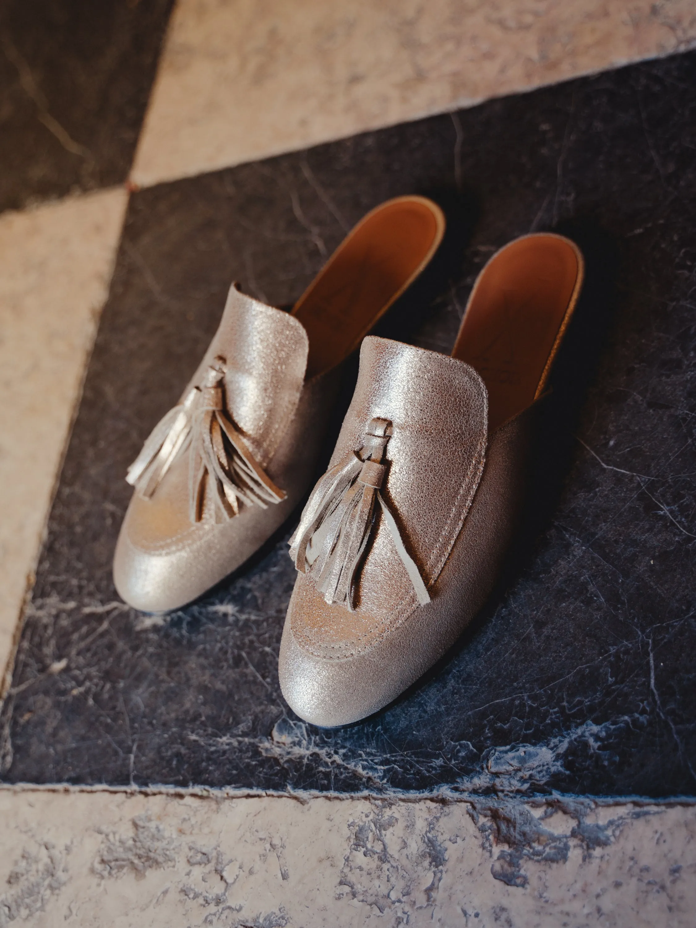 Backless Tassel Gold Loafers
