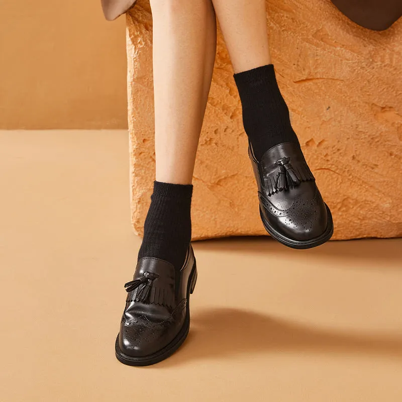 BeauToday Handmade Leather Tassel Brogue Loafers for Women