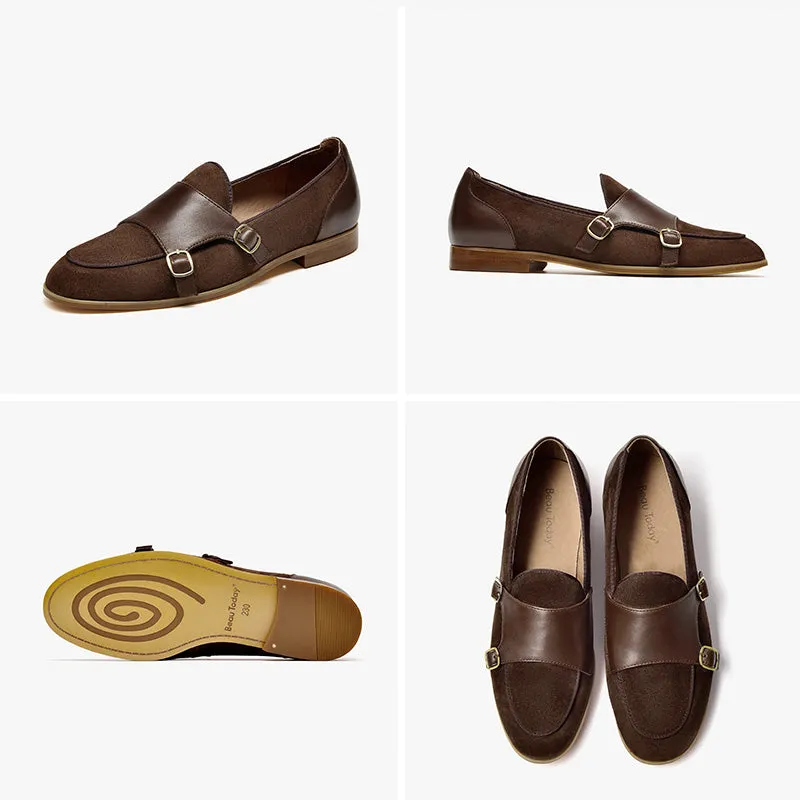 BeauToday Leather Loafers for Women with Buckle Straps