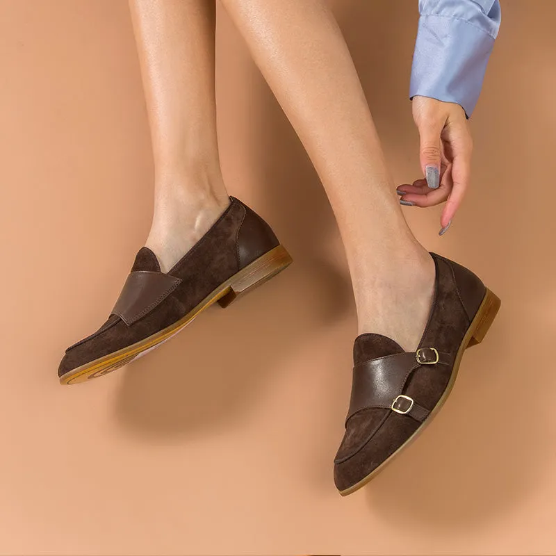 BeauToday Leather Loafers for Women with Buckle Straps