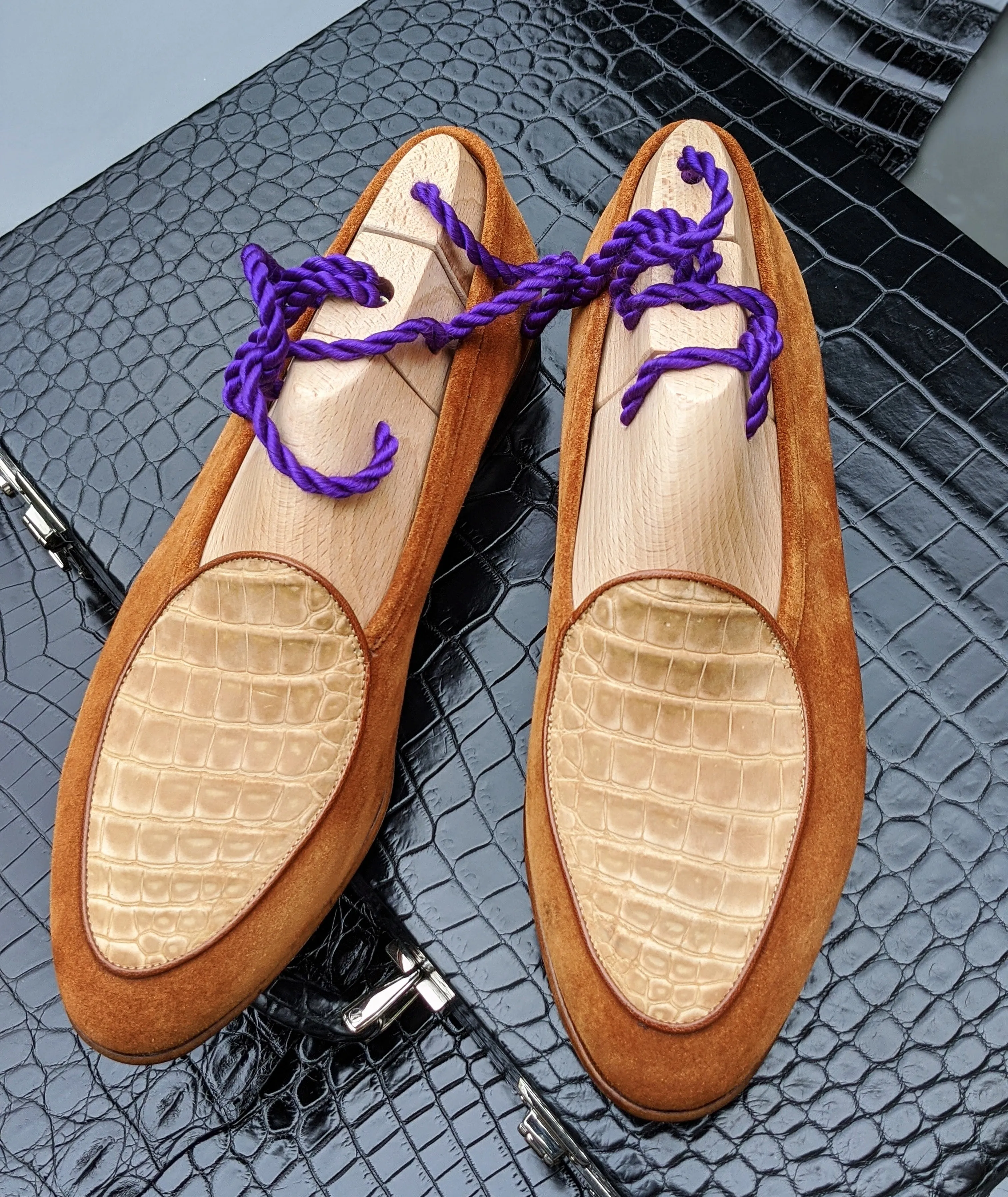 Belgian Loafer - Tan Suede & Tan Nubuck Crocodile
