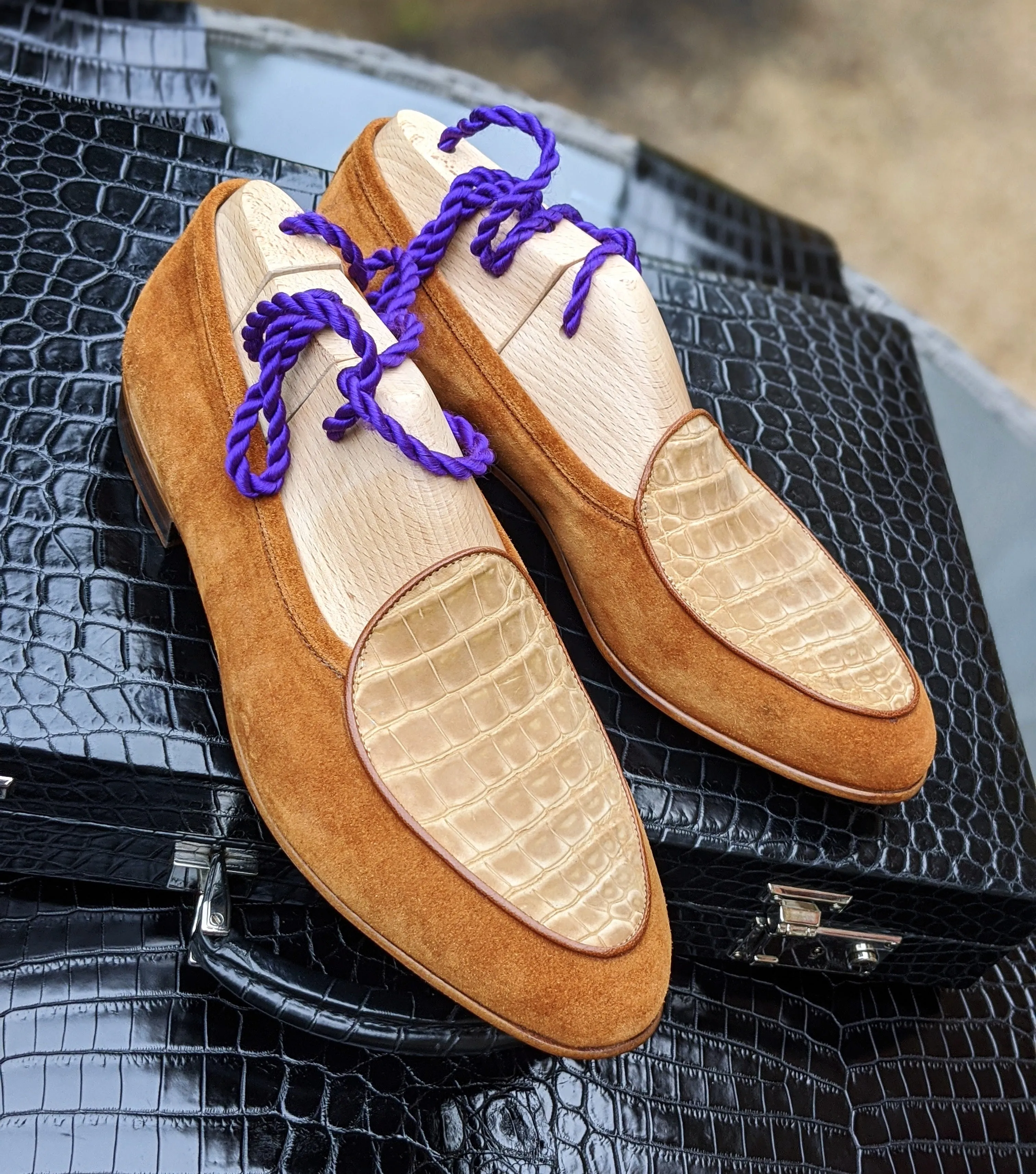 Belgian Loafer - Tan Suede & Tan Nubuck Crocodile
