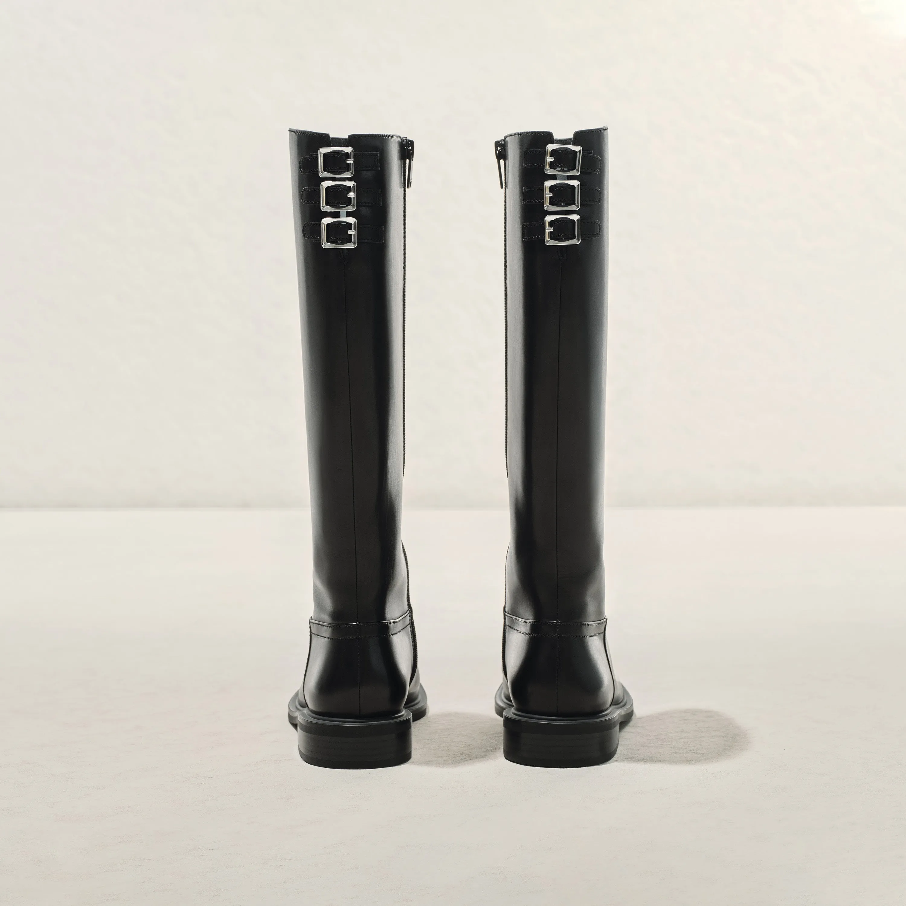 Black Back Strappy Leather Knee High Boots