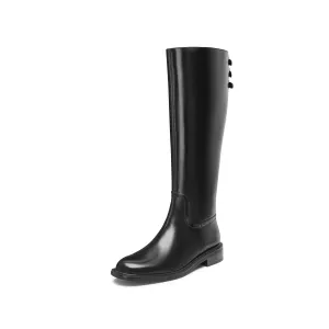 Black Back Strappy Leather Knee High Boots