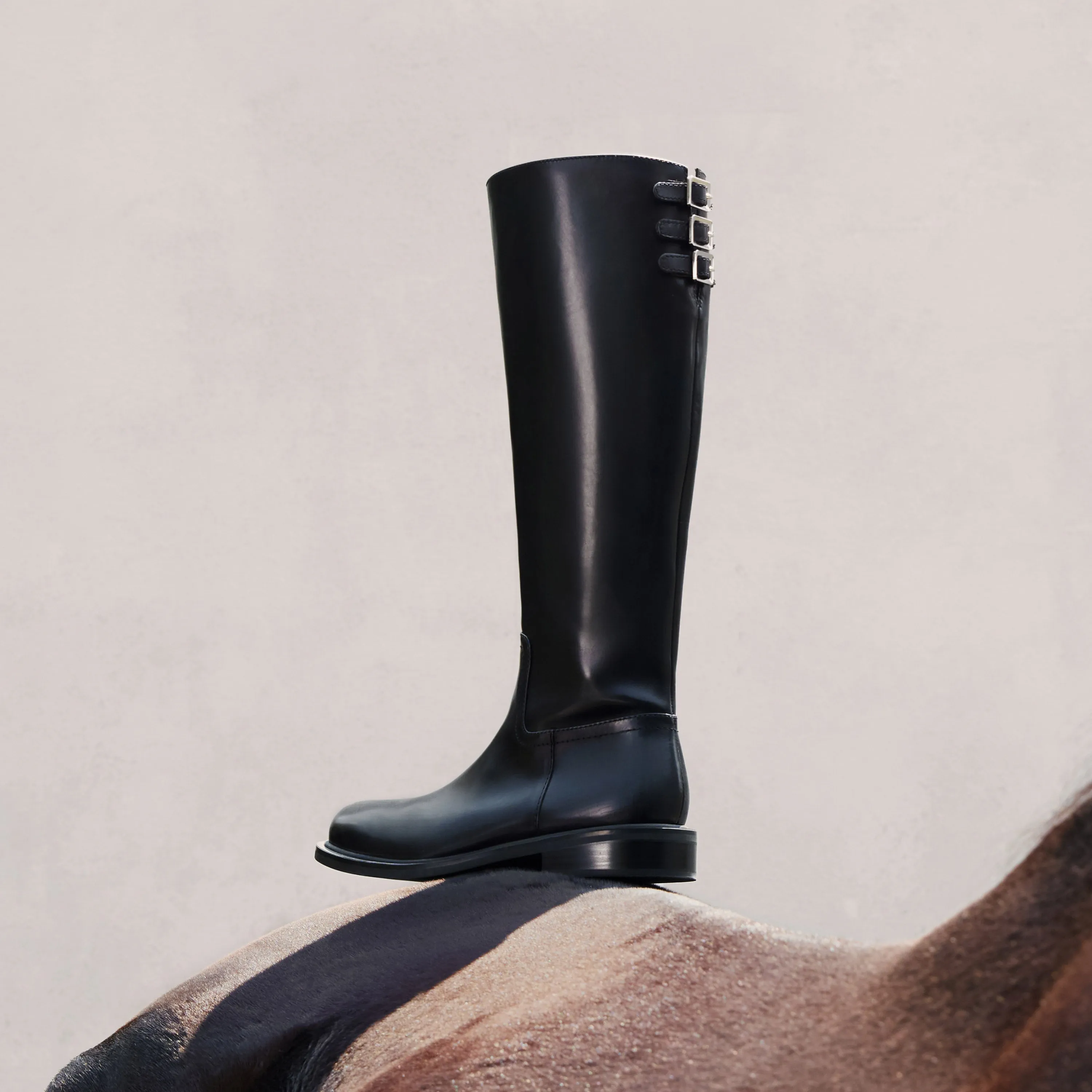 Black Back Strappy Leather Knee High Boots