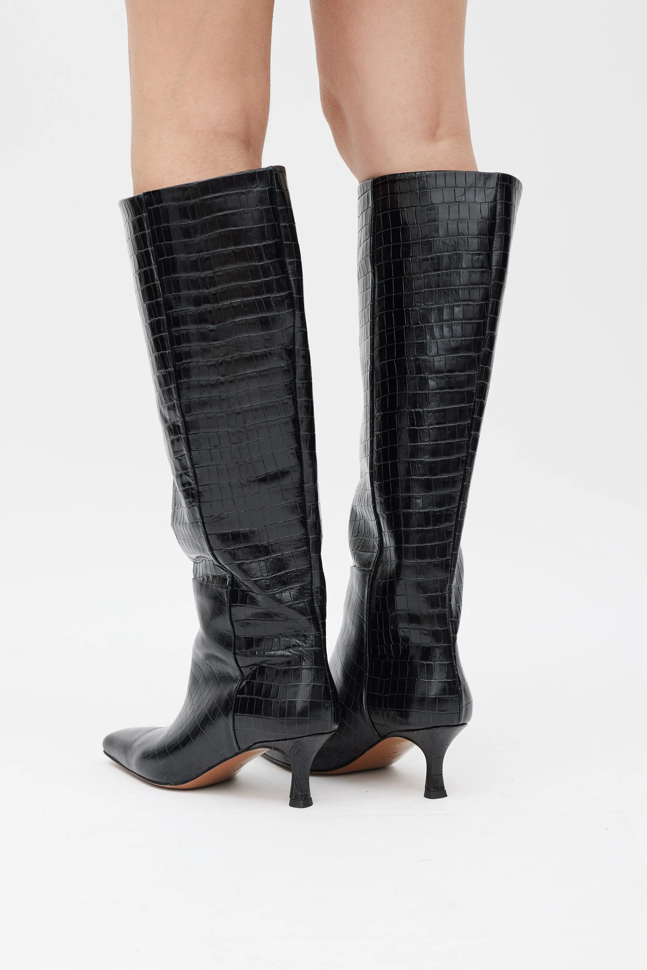 Black Embossed Leather Knee High Boot