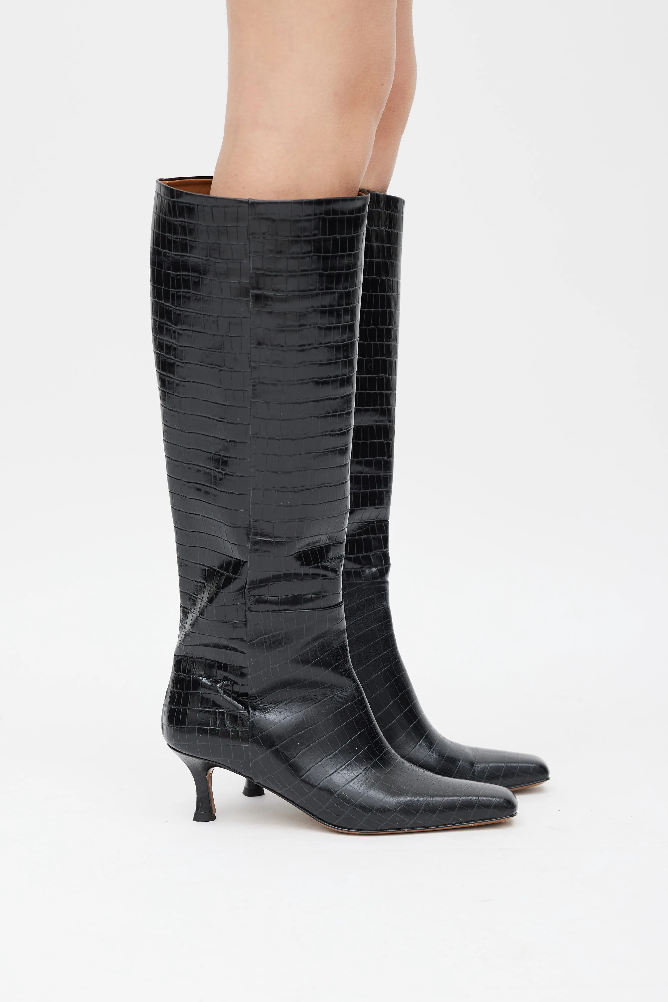 Black Embossed Leather Knee High Boot