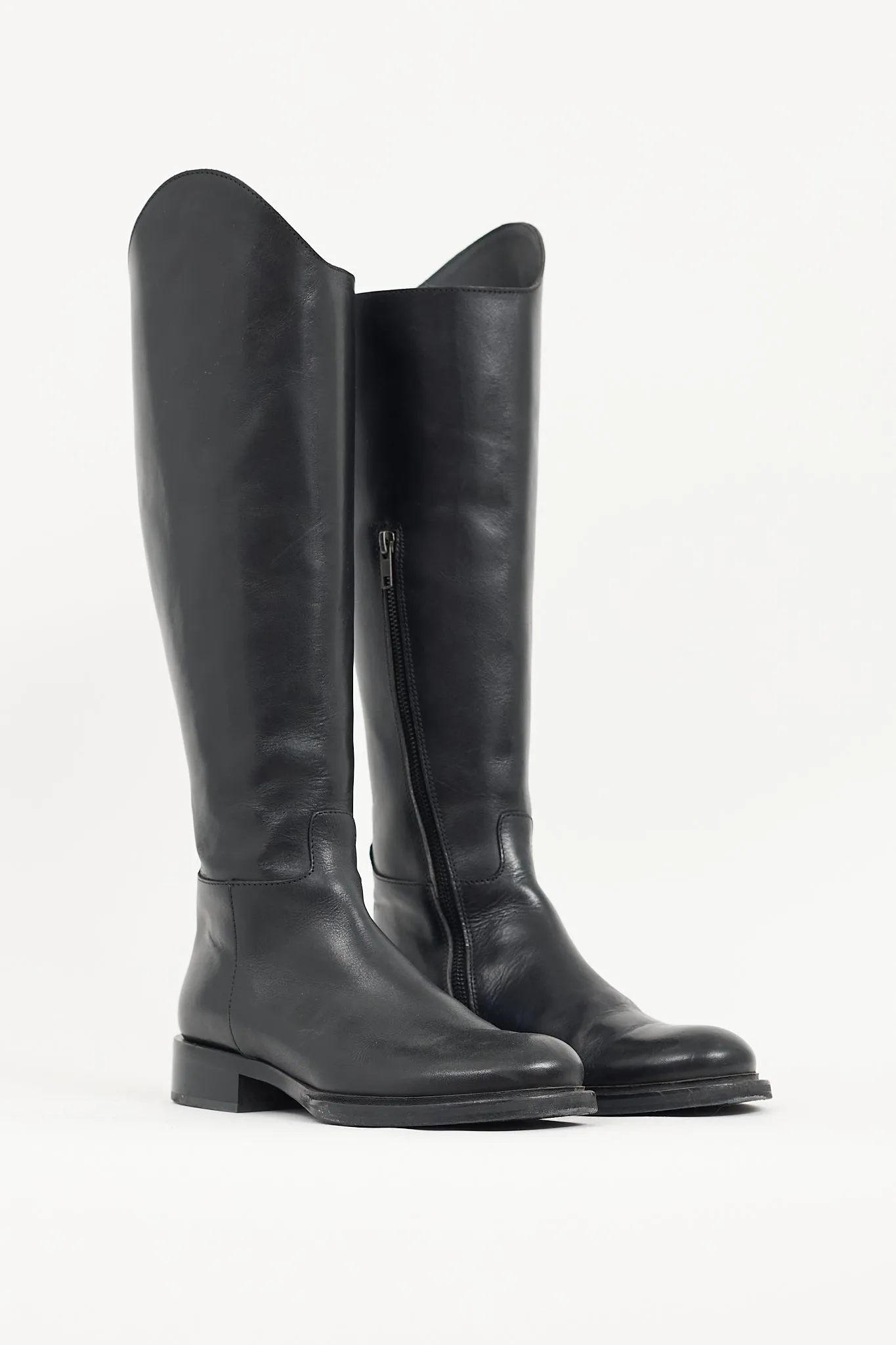 Black Leather Asymmetric Knee High Boot