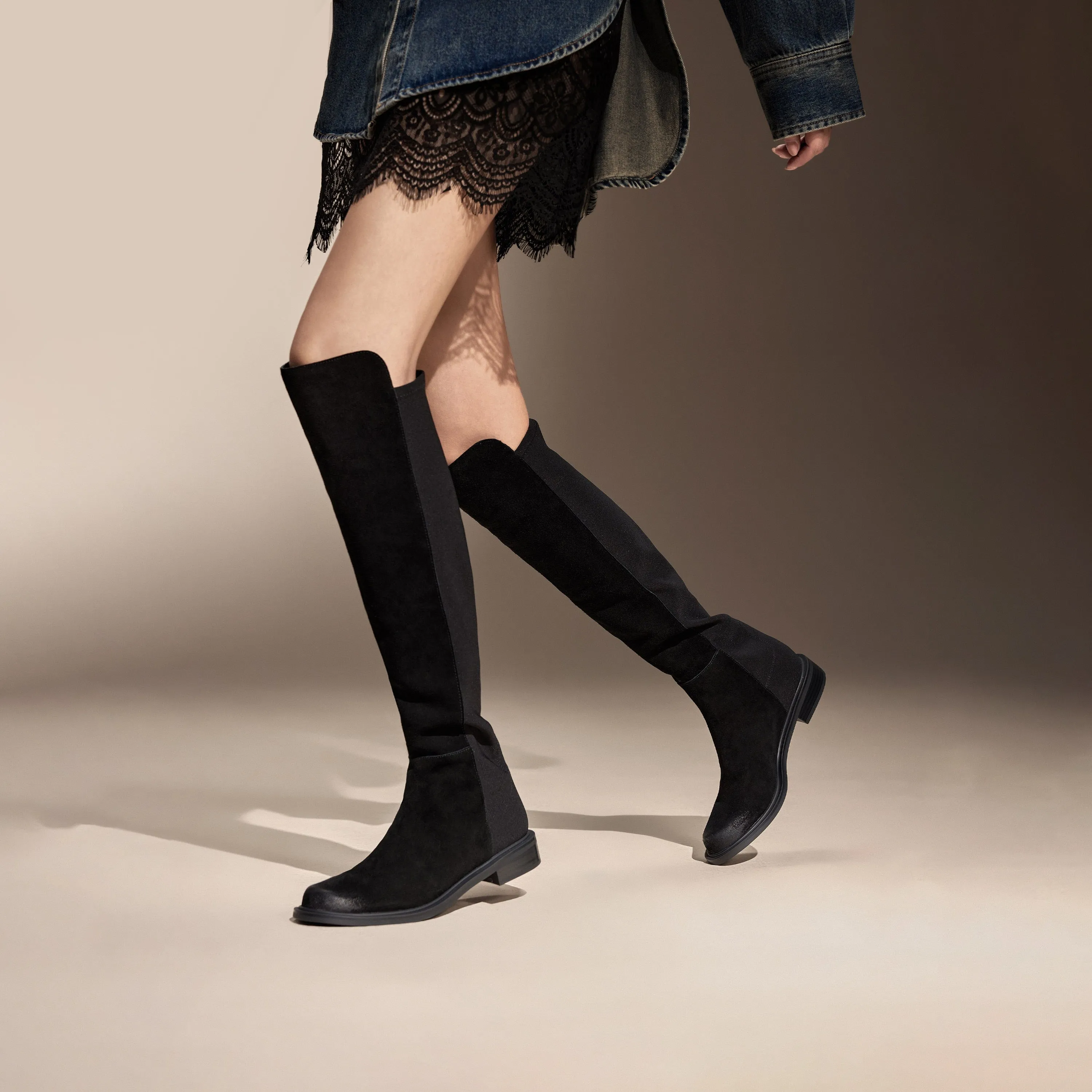 Black Leather Minimal High Knee Sock Boots