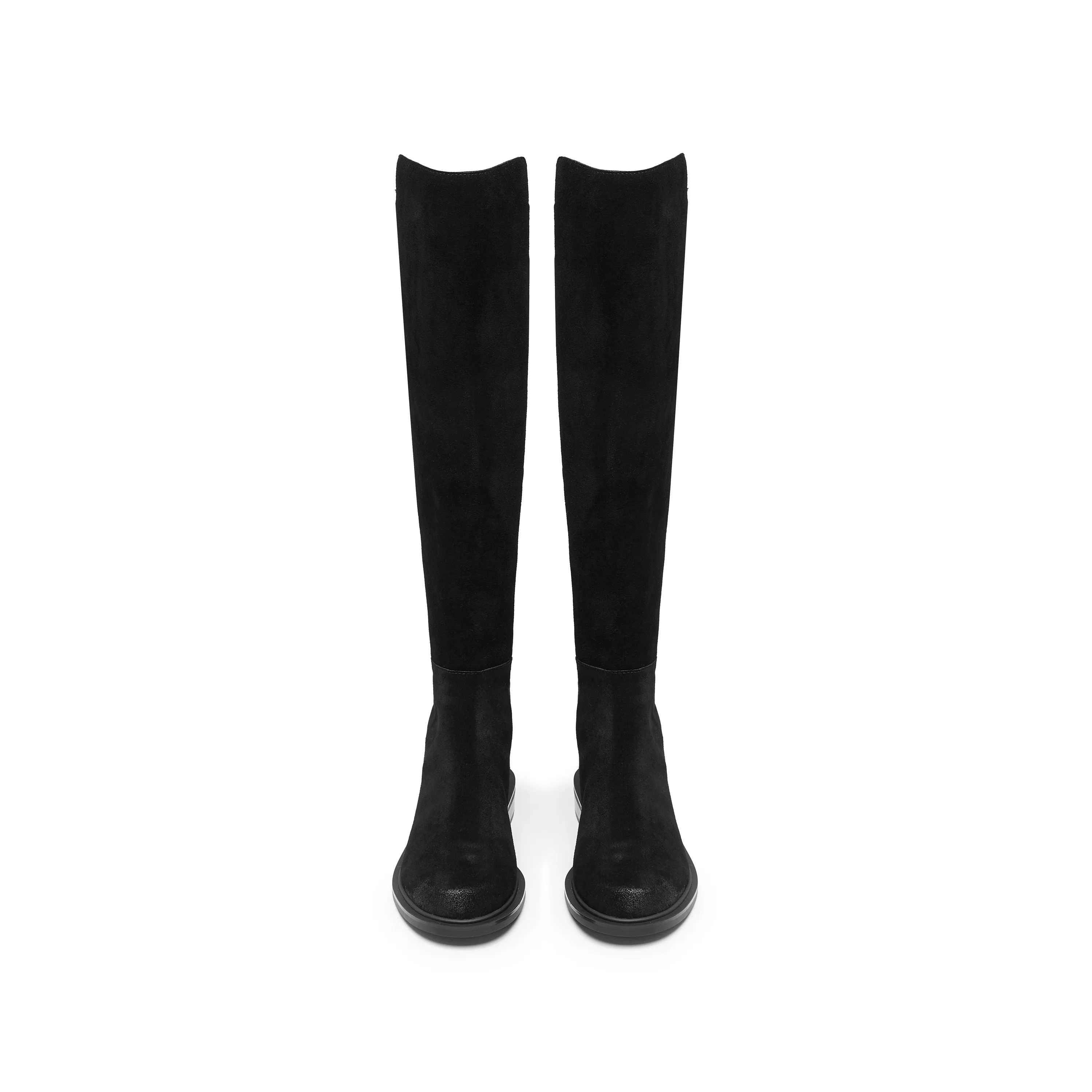 Black Leather Minimal High Knee Sock Boots