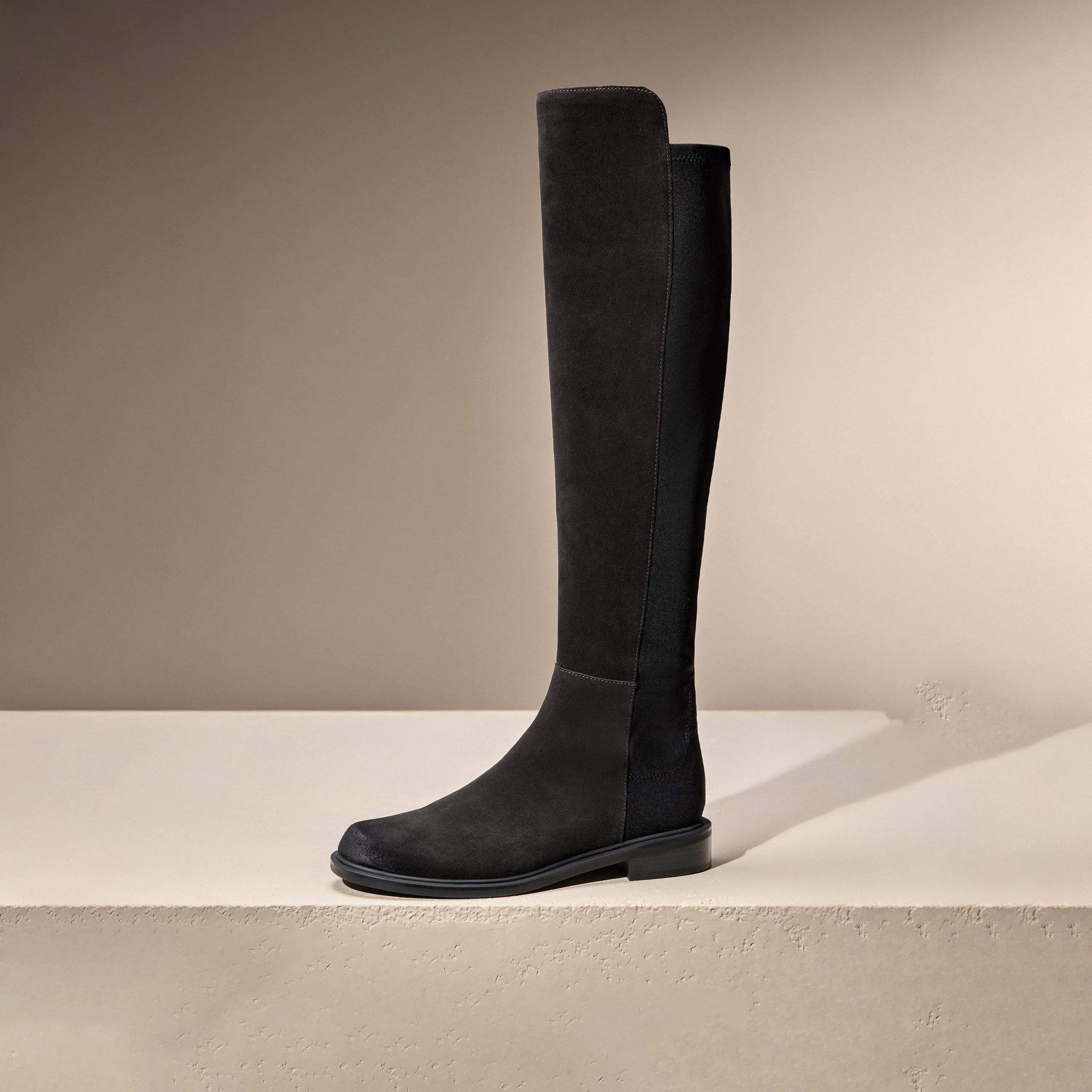 Black Leather Minimal High Knee Sock Boots