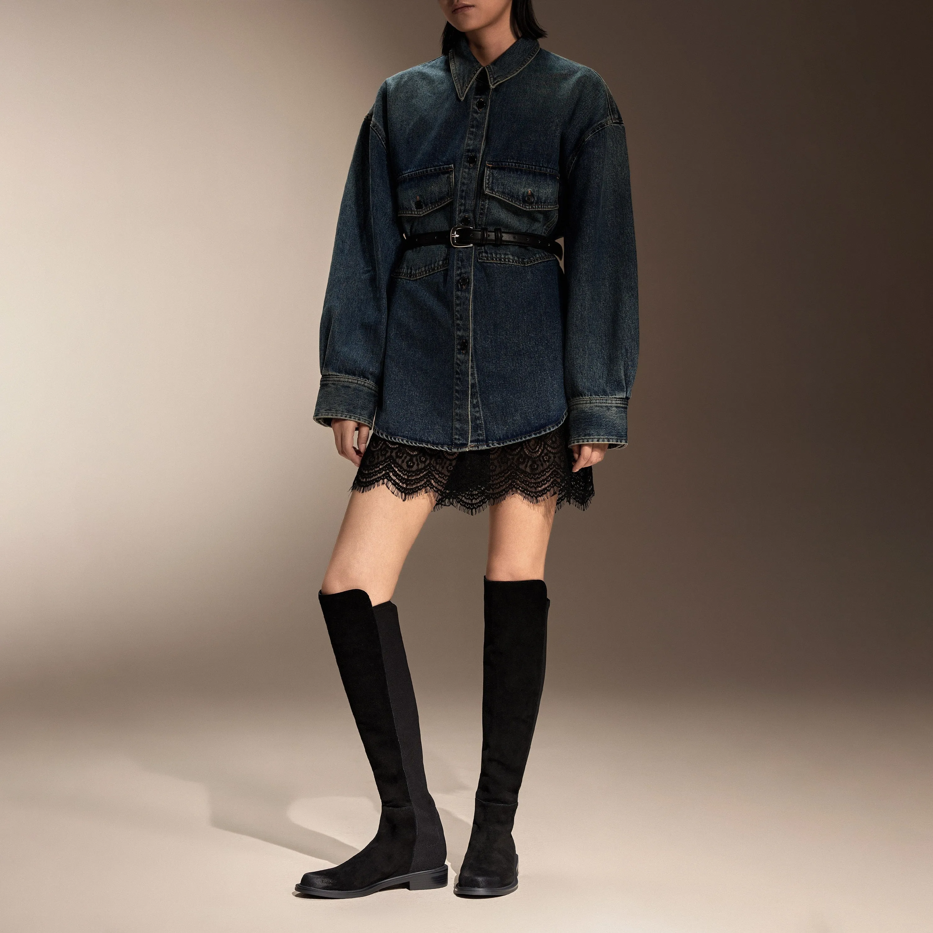 Black Leather Minimal High Knee Sock Boots