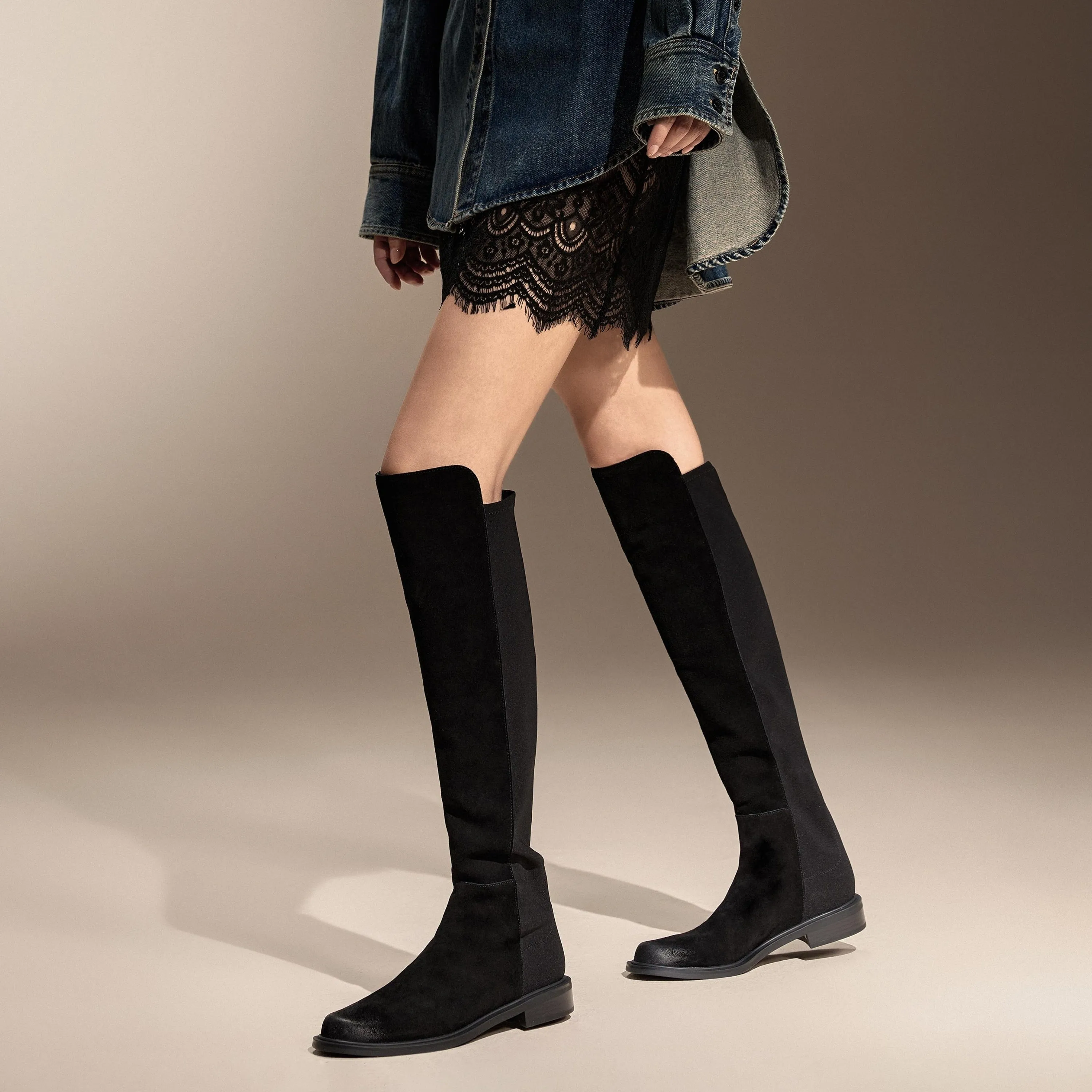 Black Leather Minimal High Knee Sock Boots