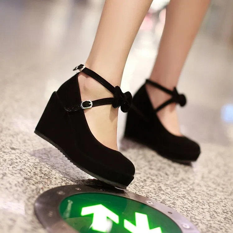 Black/Beige/Pink Sweet Bow Wedge Shoes AD10158