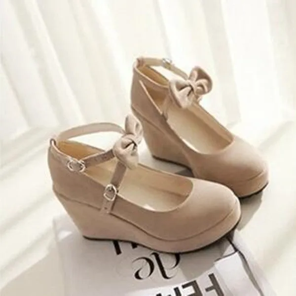 Black/Beige/Pink Sweet Bow Wedge Shoes AD10158