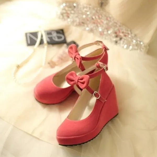 Black/Beige/Pink Sweet Bow Wedge Shoes AD10158