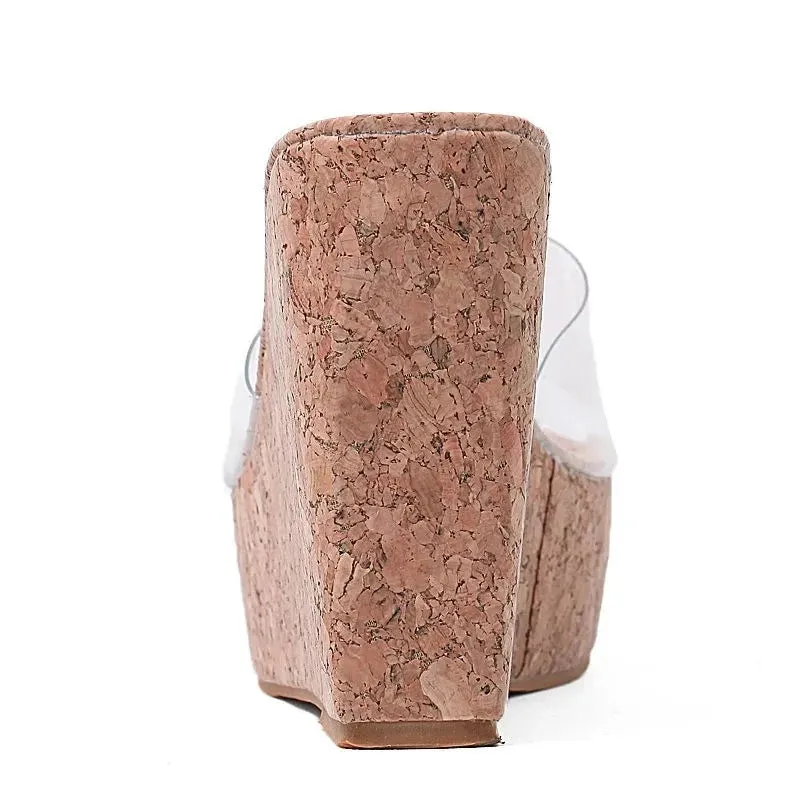 Brown Cork Clear Thick Strap Platform Wedge Heels