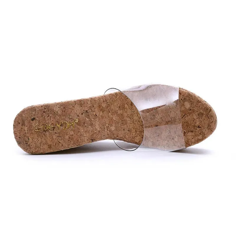 Brown Cork Clear Thick Strap Platform Wedge Heels
