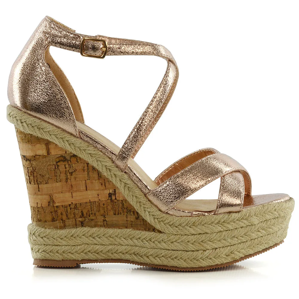 CHANCE WOVEN DETAIL STRAPPY WEDGE HEEL PLATFORM SANDALS IN ROSE GOLD METALLIC