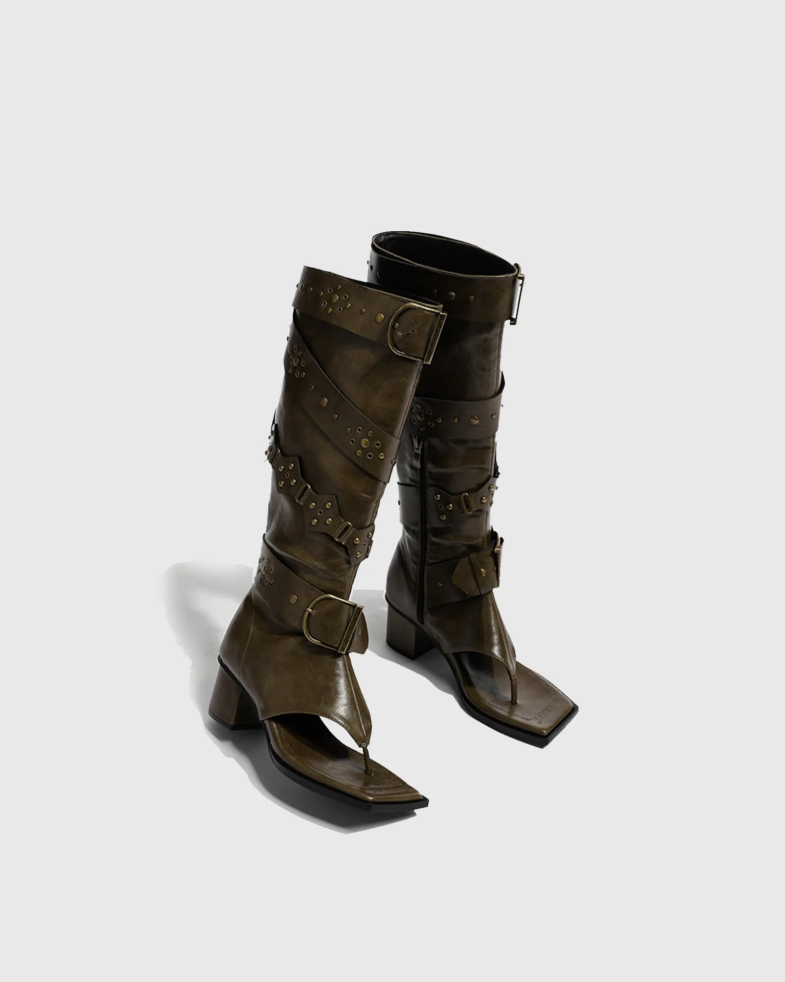 Crocetta Thong Buckle Knee High Boots In Brown