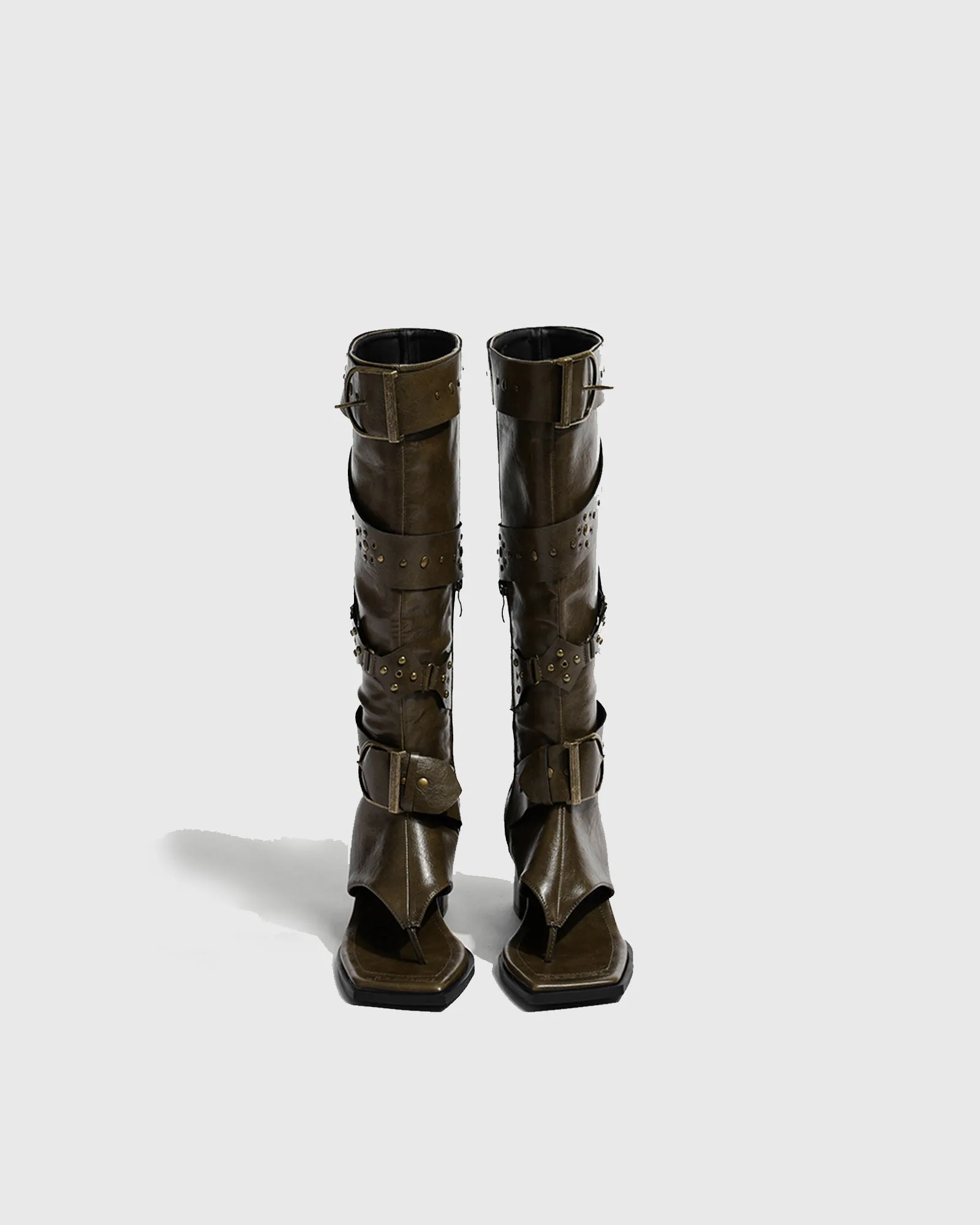 Crocetta Thong Buckle Knee High Boots In Brown