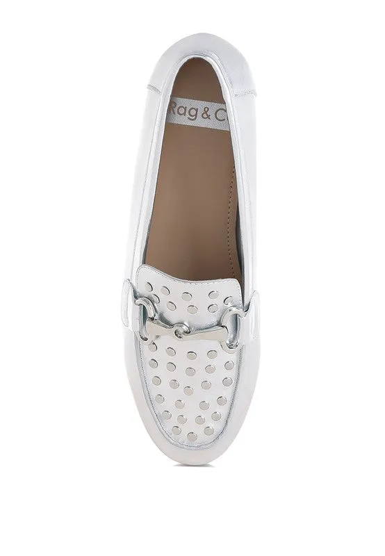 Estafa Horsebit & Studs Silver Metallic Pleather Loafers