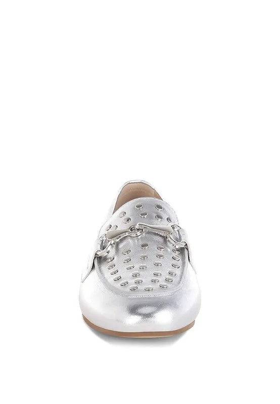 Estafa Horsebit & Studs Silver Metallic Pleather Loafers