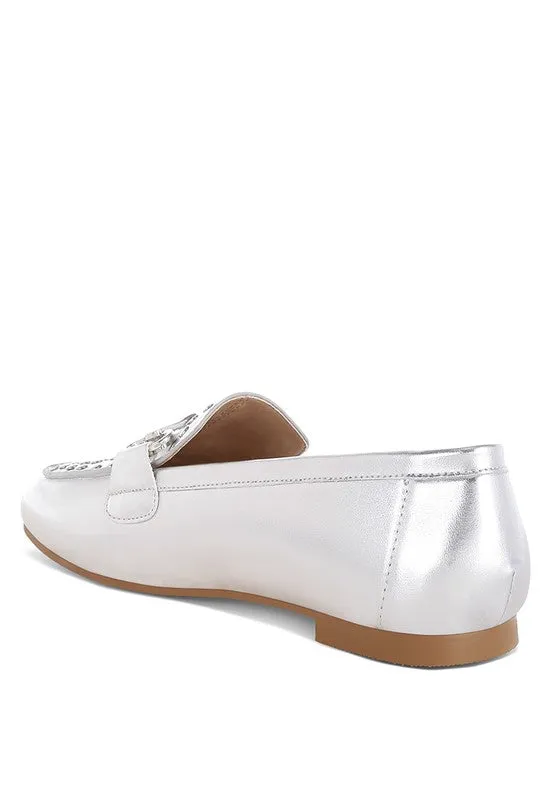 Estafa Horsebit & Studs Silver Metallic Pleather Loafers