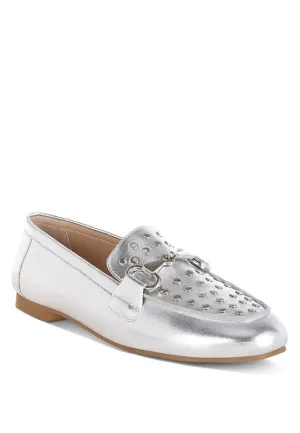 Estafa Horsebit & Studs Silver Metallic Pleather Loafers