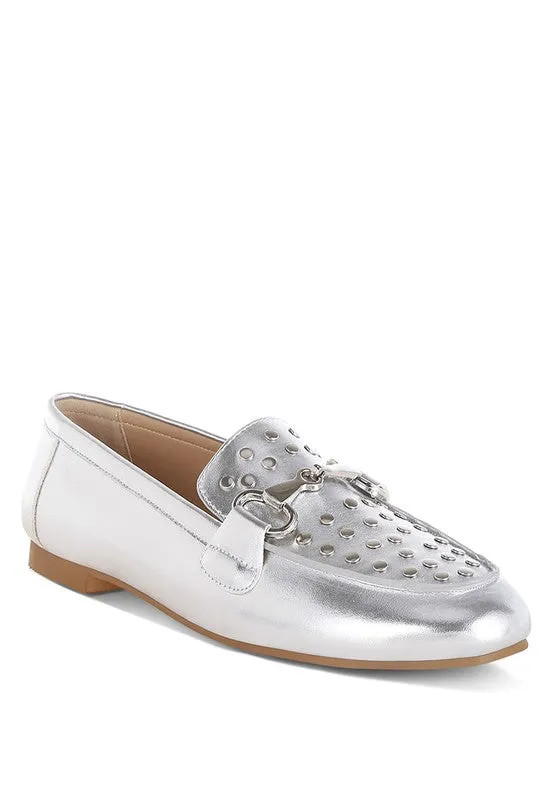 Estafa Horsebit & Studs Silver Metallic Pleather Loafers