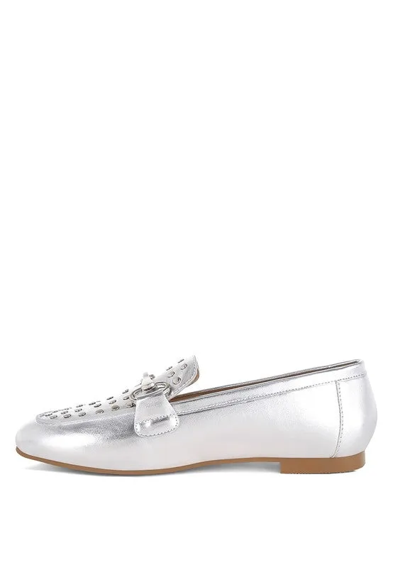 Estafa Horsebit & Studs Silver Metallic Pleather Loafers