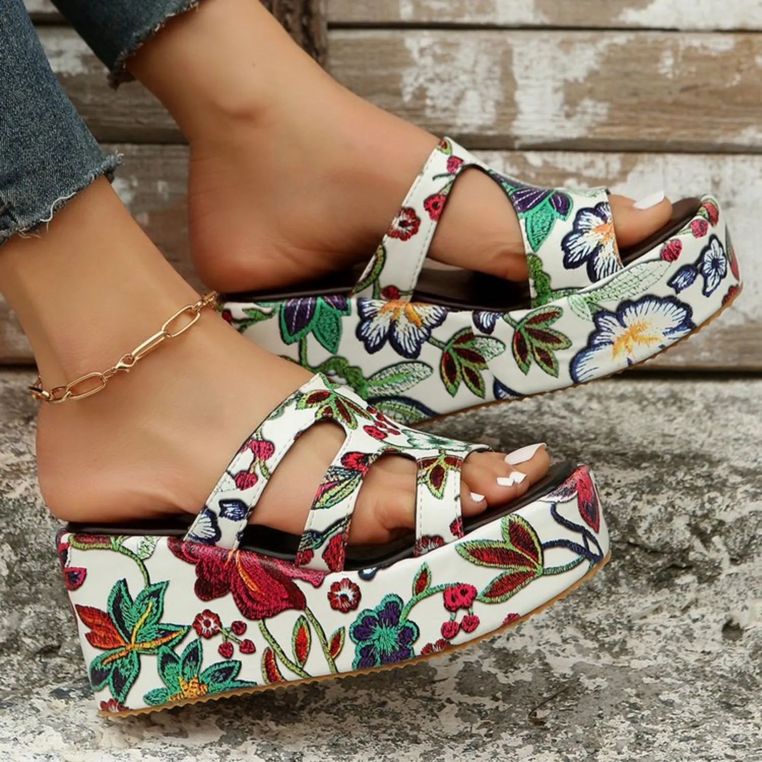 Floral Peep Toe Wedge Platform Sandals